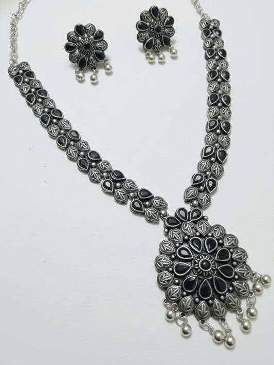 NVR Women Oxidised Silver Finish Necklace & Earrings Set with Black Stones