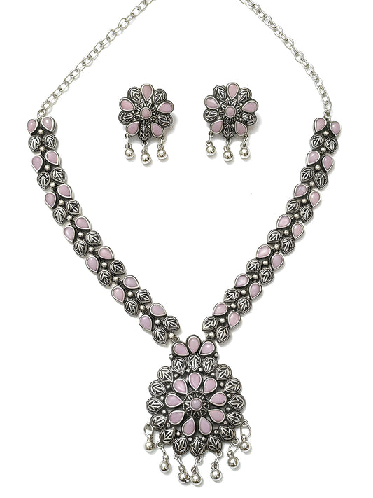 NVR Women Oxidised Silver Finish Necklace & Earrings Set with Pink Stones