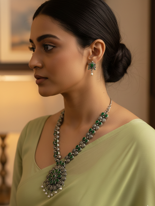 NVR Women Oxidised Silver Finish Necklace & Earrings Set with Green Stones