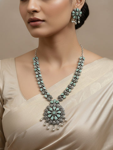 NVR Women Oxidised Silver Finish Necklace & Earrings Set With Light Blue Stones