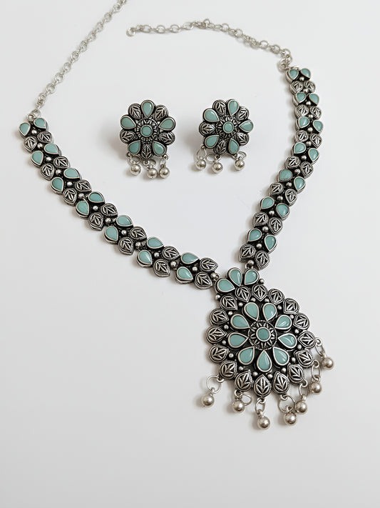 NVR Women Oxidised Silver Finish Necklace & Earrings Set With Light Blue Stones