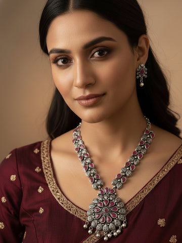 NVR Women Oxidised Silver Finish Necklace & Earrings Set with Maroon Stones