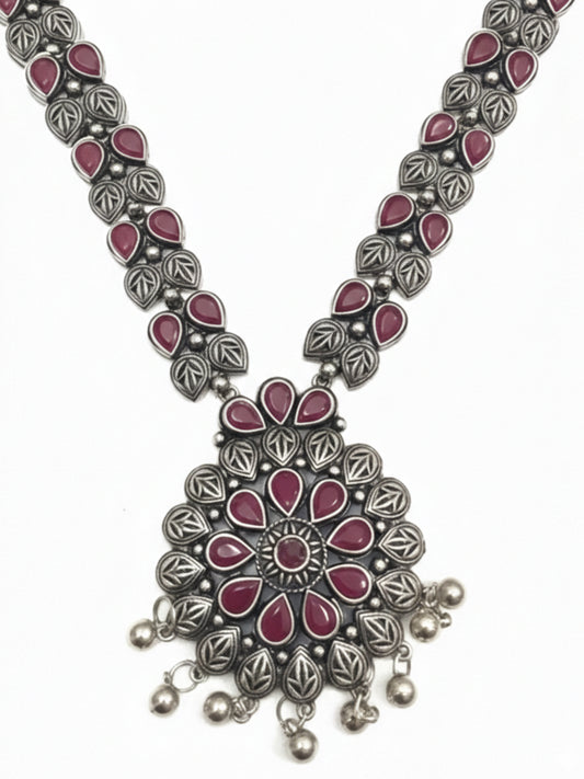 NVR Women Oxidised Silver Finish Necklace & Earrings Set with Maroon Stones