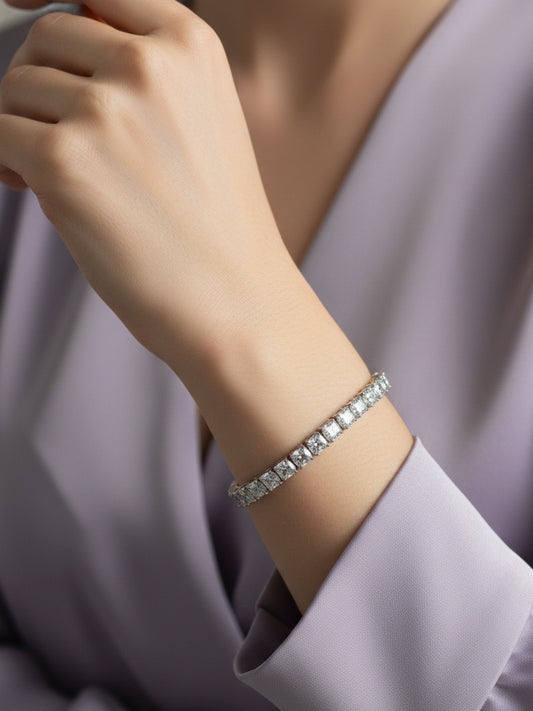 NVR Women Silver Plated CZ Stones Rectangular Cut Tennis Bracelet