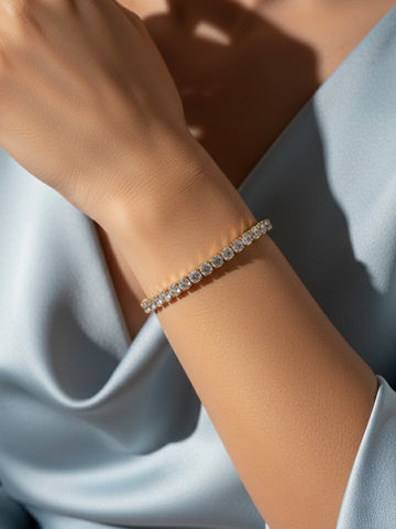 NVR Women Gold Plated CZ Stones Rectangular Cut Tennis Bracelet