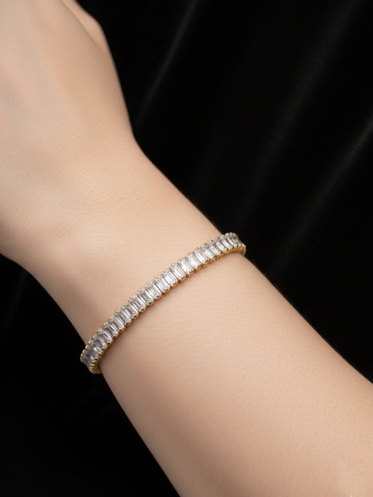 NVR Women Gold Plated Rectangular Cut CZ Stones Tennis Bracelet