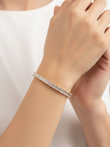 NVR Women Gold Plated Rectangular Cut CZ Stones Tennis Bracelet