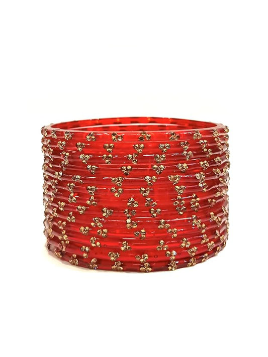 NVR Set of 12 Beaded Glass Handmade Red Color Bangle For Women