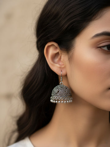 NVR Women German Silver Oxidised Dome Shaped Jhumka Earrings