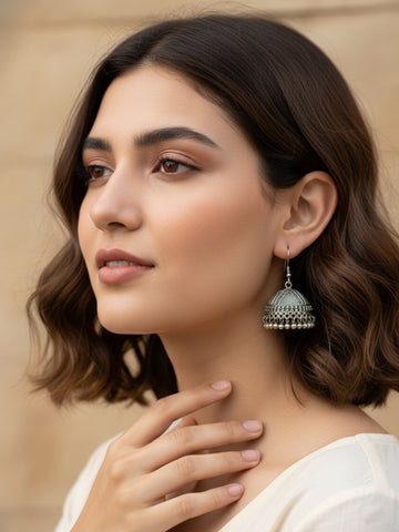 NVR Women Antique Silver Plated Oxidised Jhumka Earrings