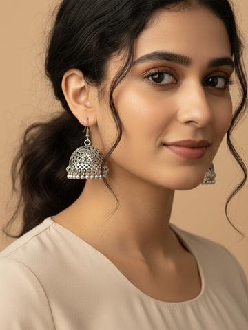 NVR Women Oxidized German Silver Floral Design Jhumka Earrings with Ghungroo Bells