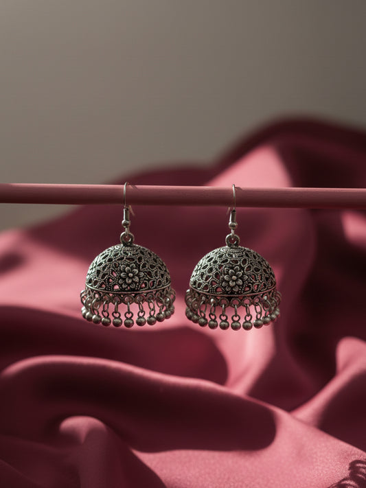 NVR Women Oxidized German Silver Floral Design Jhumka Earrings with Ghungroo Bells