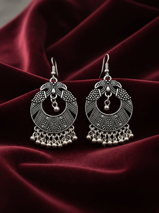 NVR Women's Oxidized Silver Plated Peacock Design Chandbali Earrings