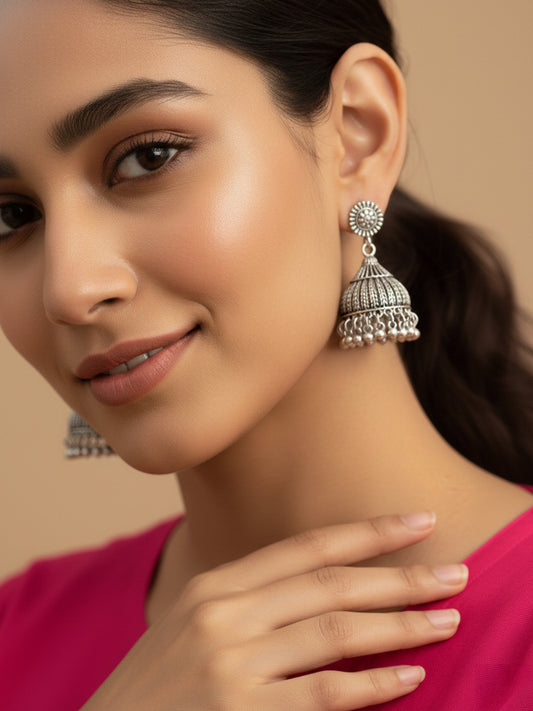 NVR Women's Oxidized Silver Plated Jhumkis Earring Set