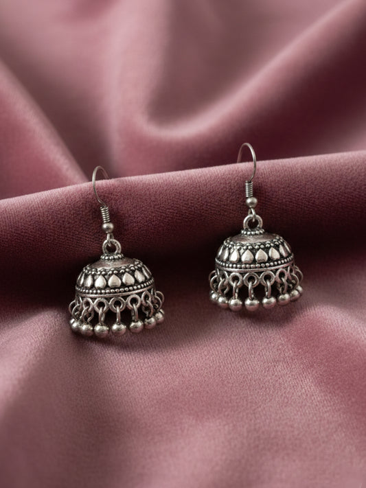 NVR Women Traditional Oxidized Silver Plated Jhumkis Earring Set