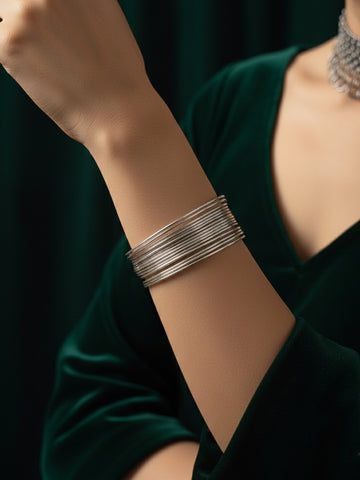 NVR Women Adjustable Hammered Silver Plated Cuff Bracelet 