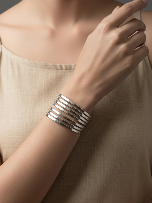 NVR Women Plain Split Coil Silver Plated Cuff Bracelet 