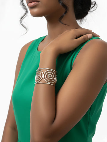 NVR Women Silver Plated Spiral Design Cuff Bracelet