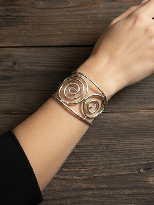 NVR Women Silver Plated Spiral Design Cuff Bracelet
