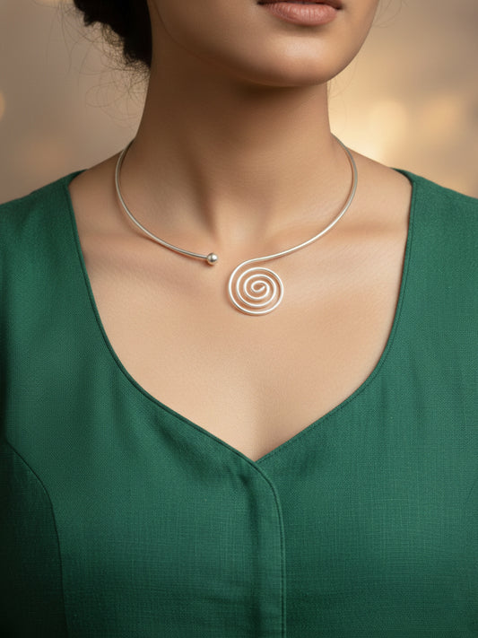 NVR Women Handcrafted Silver Plated Open Collar Spiral Necklace