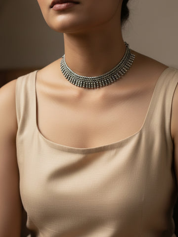 NVR Silver Plated Antique Look Layered Ethnic Necklace For Women