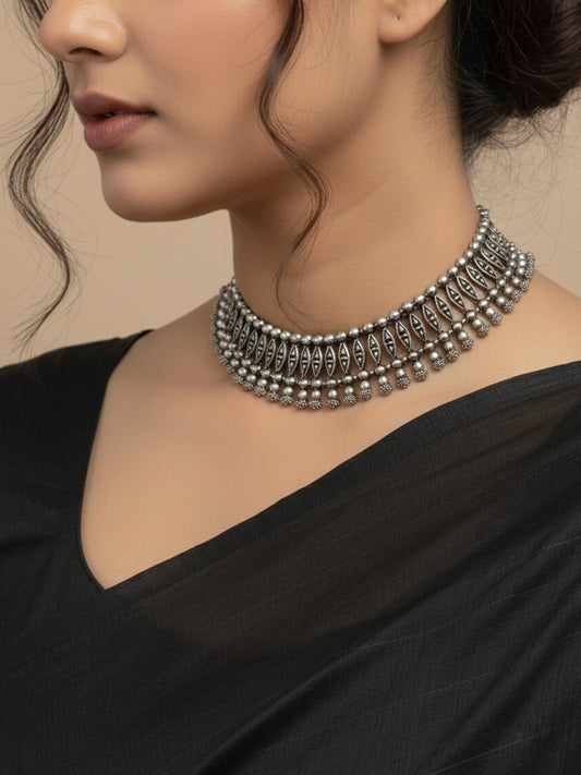 NVR Women Traditional Oxidised Silver Plated Handmade Necklace