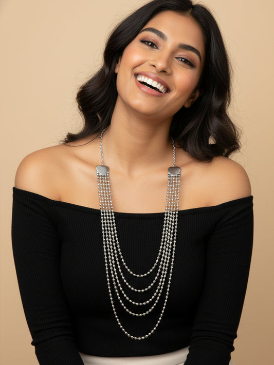 NVR Women Silver Plated Multi-Strand Ball Chain Necklace with Heart Accents