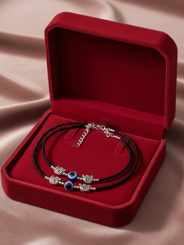 NVR Set of 2 Silver Plated Elephant Shaped Black & Blue Beaded Evil Eye Handcrafted Anklets
