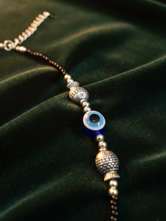 NVR Set of 2 Silver Plated Fish Shaped Black & Blue Beaded Evil Eye Handcrafted Anklets