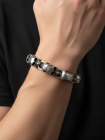 NVR Men Silver Plated Skull Chain with Bone Toggle Clasp Bracelet