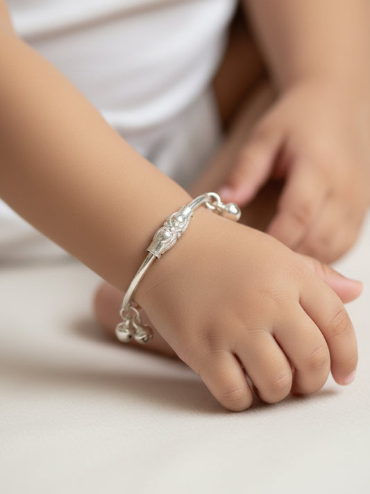 NVR Kids Set of 2 Silver Plated Kada Nazariya Bracelet with Ghungroo Bells
