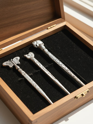 NVR Women's Set of 3 Assorted Oxidised German Silver Juda Hair Stick