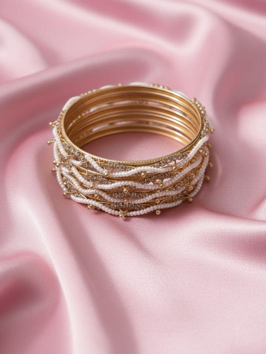 NVR Women Set of 4 Pearls Gold-Plated Handcrafted Traditional Bangles