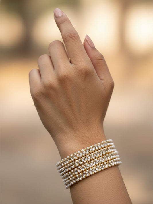 NVR Women Set of 4 Gold-Plated Pearls Handcrafted Traditional Bangles