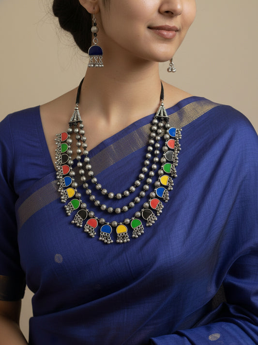 NVR Women Multicolor German Silver Elite Chic Artificial Stones Layered Jewellery Set