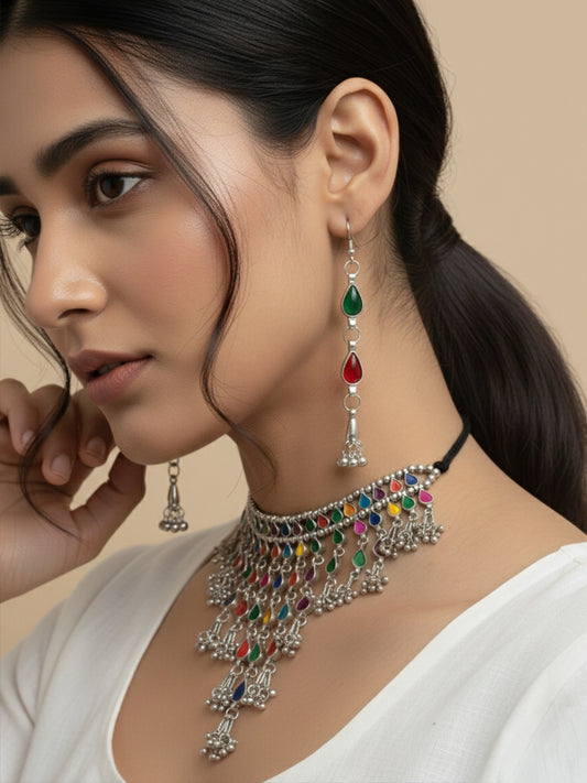 NVR Women's Multicolor Oxidised Silver Plated Choker Necklace with Earring Set