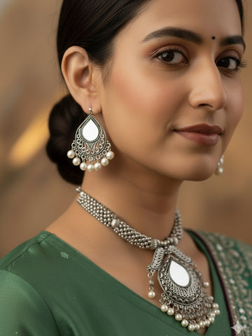 NVR Women Oxidized Silver-Tone Mirror & Pearl Ethnic Necklace with Earring Set