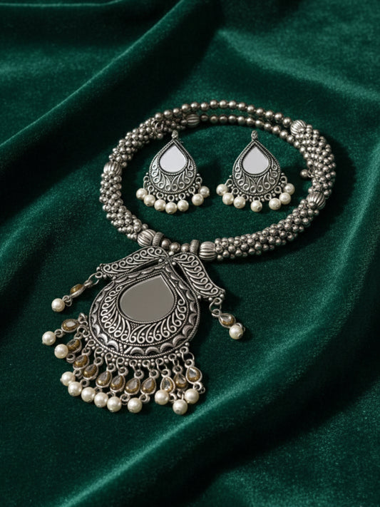 NVR Women Oxidized Silver-Tone Mirror & Pearl Ethnic Necklace with Earring Set