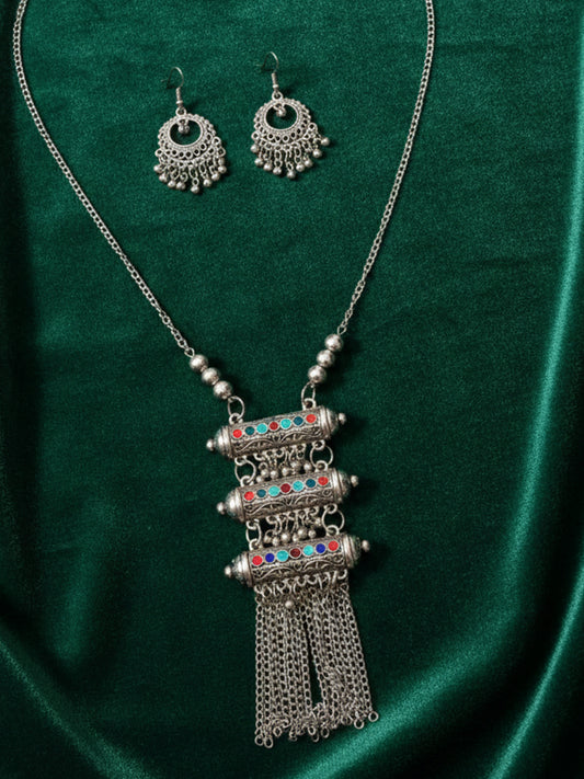 NVR Women Oxidized Silver-Plated Tribal Jewellery Set with Chain Tassels & Colored Stones