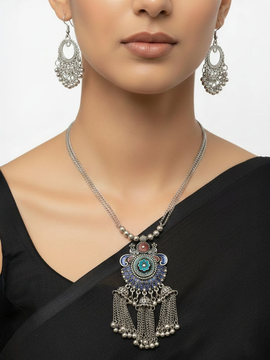 NVR Women's Oxidised Silver-Plated Tribal Jewellery Set
