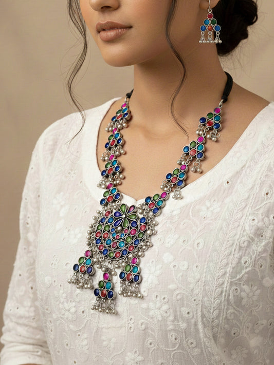 NVR Women Silver Plated Oxidized Multicolor Long Necklace with Earrings Set