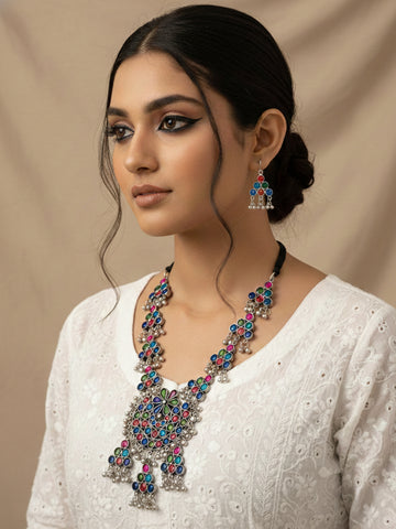 NVR Women Silver Plated Oxidized Multicolor Long Necklace with Earrings Set