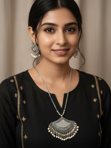 NVR Women Oxidised Silver Finish Mirror Work Necklace with Earrings Set