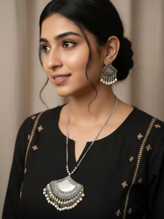 NVR Women Oxidised Silver Finish Mirror Work Necklace with Earrings Set