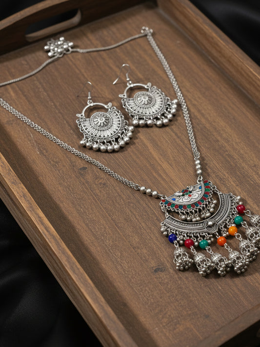 NVR Women Oxidised Silver-Plated Long Chain Necklace with Earrings Set