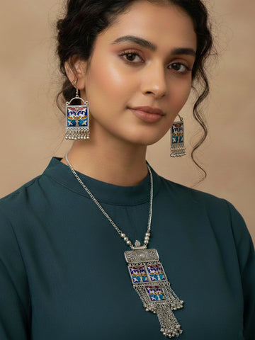 NVR Women German Silver Long Necklace with Earrings Set