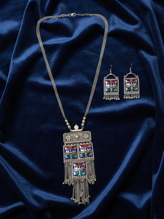 NVR Women German Silver Long Necklace with Earrings Set