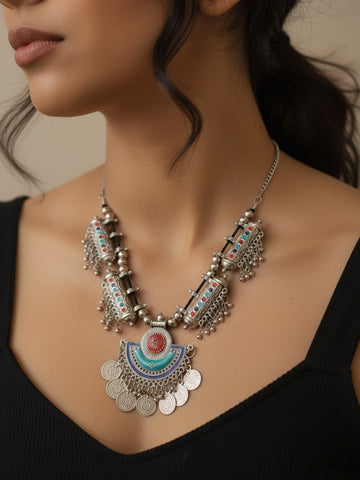 NVR Women Oxidized Silver Plated Multi Color Necklace With Coin Dangles