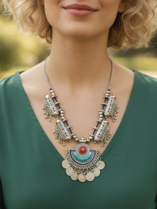NVR Women Oxidized Silver Plated Multi Color Necklace With Coin Dangles
