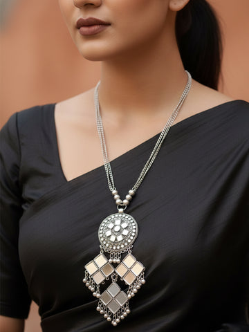 NVR Women Oxidized Silver Plated Mirror Work Necklace